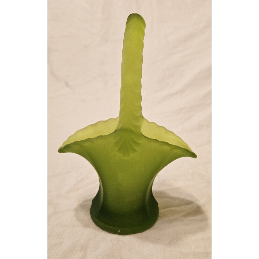 Vintage Westmoreland Satin Glass Frosted Green Basket Vase 7” Pristine Conditon